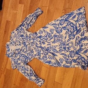 CAbi Blue and White Floral 3/4 Sleeve Dress
